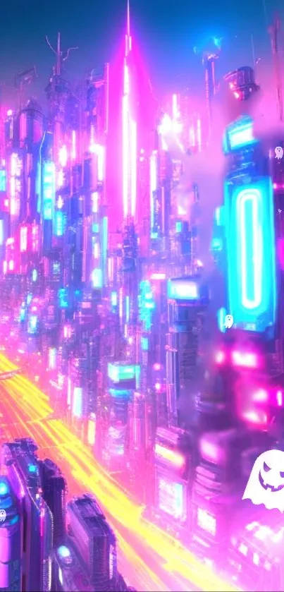 Vibrant neon cyberpunk cityscape with futuristic skyscrapers.