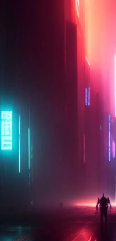 Neon-lit cyberpunk cityscape with vibrant red and blue hues.