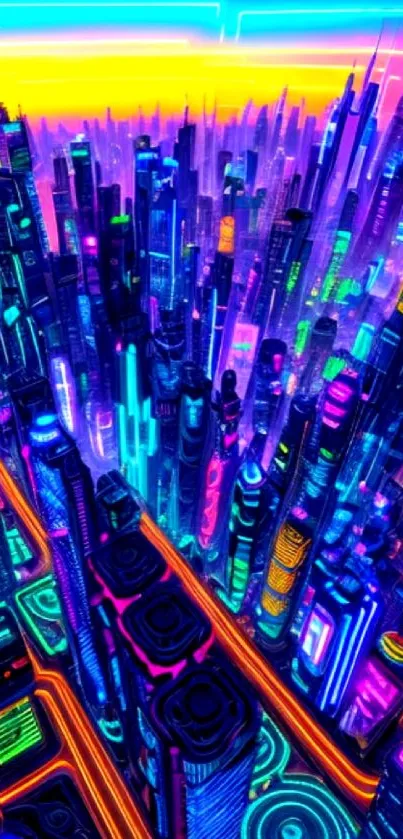 Neon-lit cyberpunk cityscape with futuristic skyscrapers.