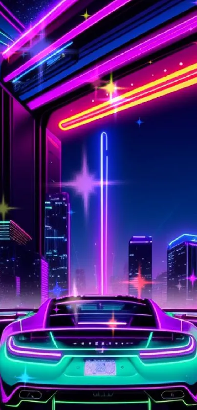 Neon cyberpunk city with a futuristic car against a vibrant cityscape.
