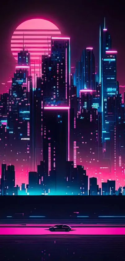 Neon cyberpunk cityscape with pink sun and futuristic skyline.