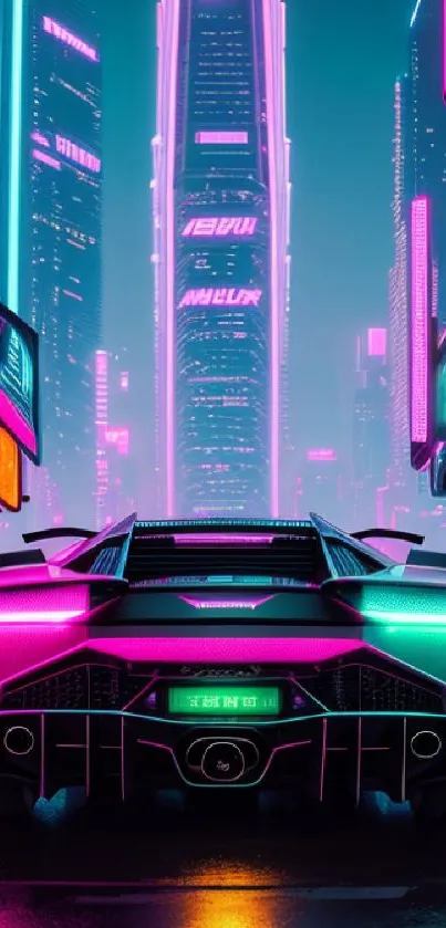 Neon cyberpunk cityscape with a futuristic car on a vibrant street.