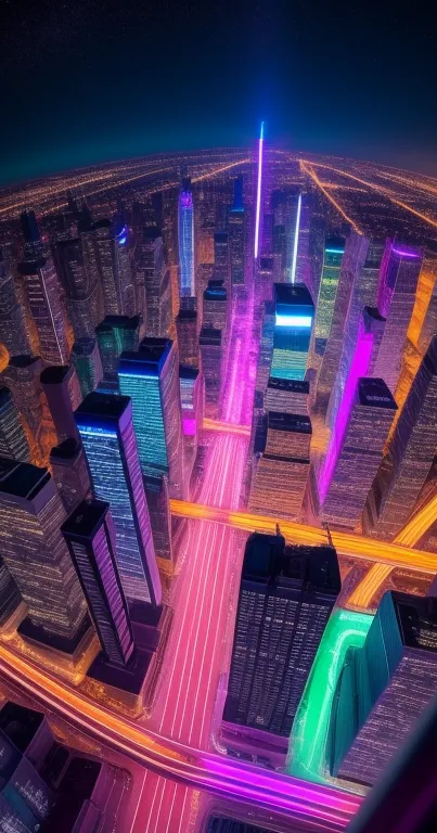 A vibrant cyberpunk cityscape with neon lights and futuristic skyscrapers at night.