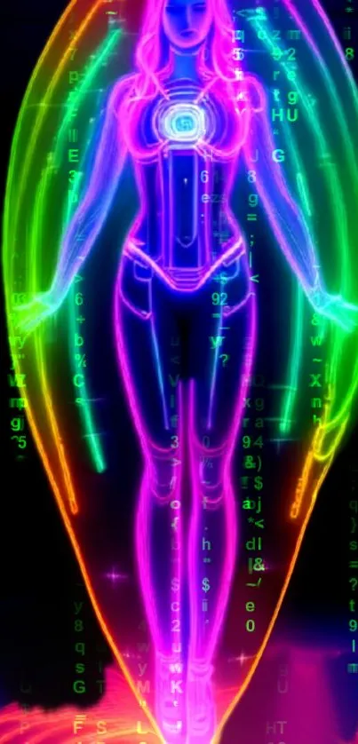 Neon cyberpunk wallpaper with holographic figure and digital elements.