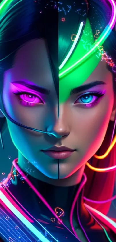 Neon cyberpunk digital art female portrait with vibrant colors.