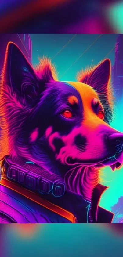 Neon cyberpunk dog with vibrant colors.