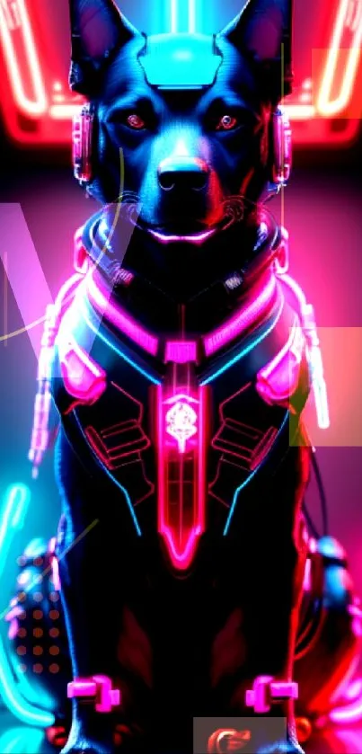 Neon cyberpunk dog art with bright colors and futuristic design.