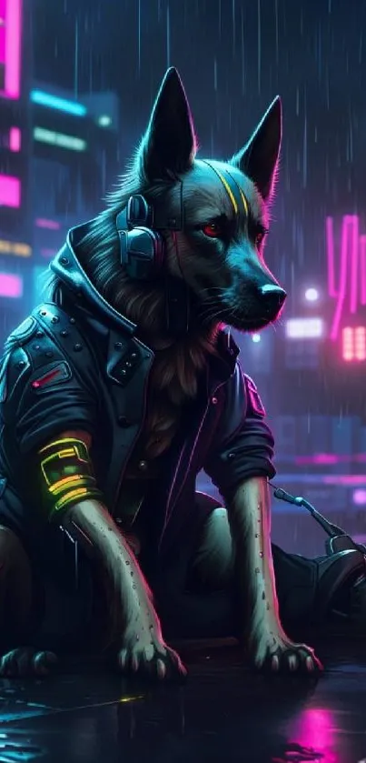 Futuristic dog in cyberpunk setting with neon lights and rainy atmosphere.