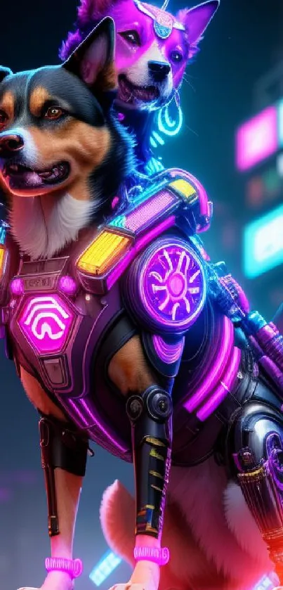 Two cyberpunk dogs with neon armor stand in a futuristic cityscape.