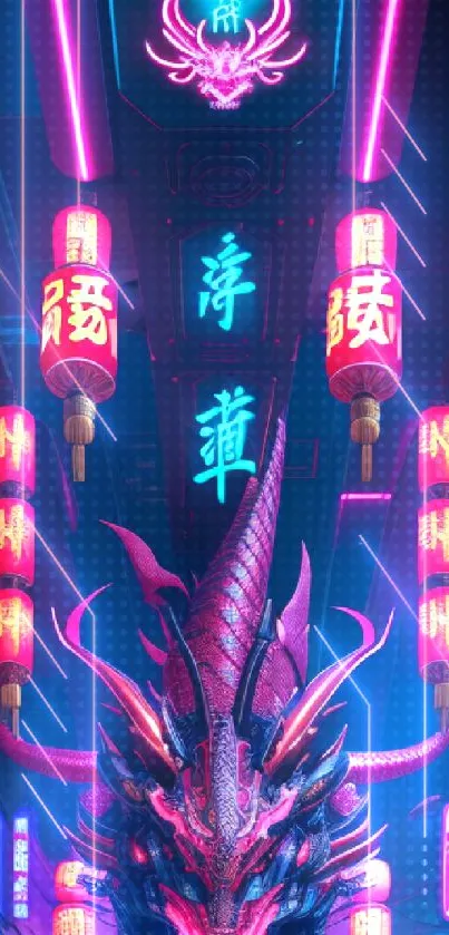 Neon-lit cyberpunk dragon with colorful lanterns.