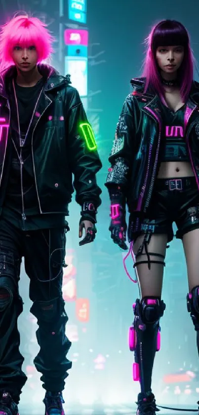 Futuristic cyberpunk duo in neon cityscape.