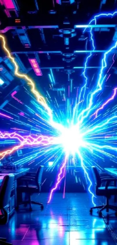 Cyberpunk neon light burst wallpaper with blue energy