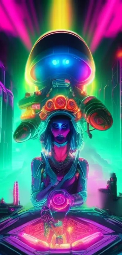 Neon cyberpunk wallpaper with futuristic cityscape and robot design.