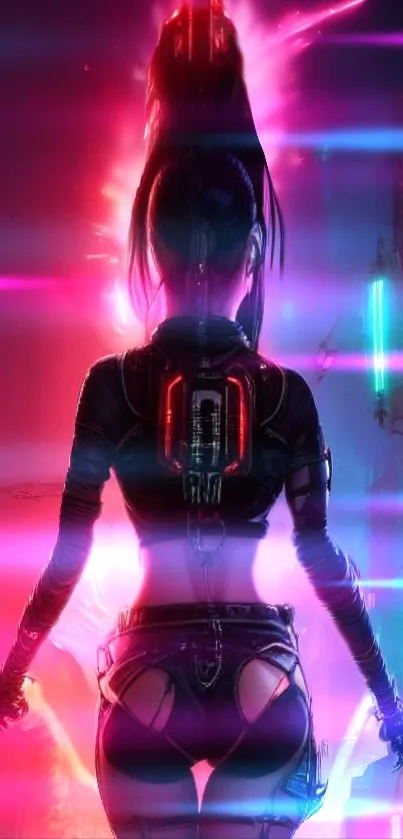 A neon-lit cyberpunk girl in a futuristic setting.