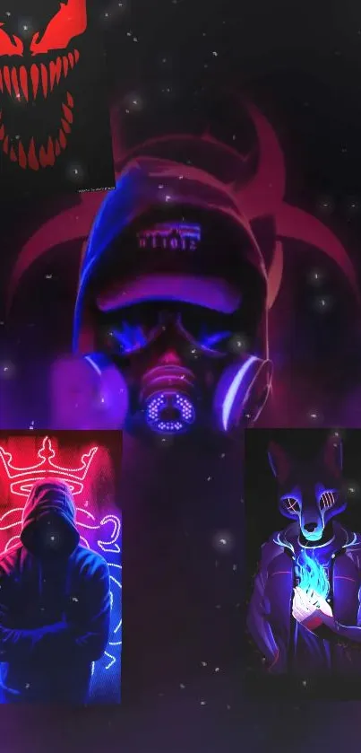 Futuristic neon wallpaper with masked figures and vibrant cyberpunk elements.