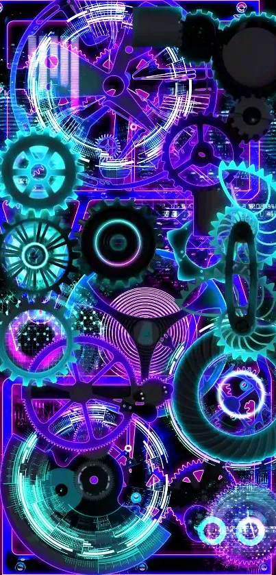 Neon cyberpunk gear wallpaper with vibrant blue hues and intricate designs.