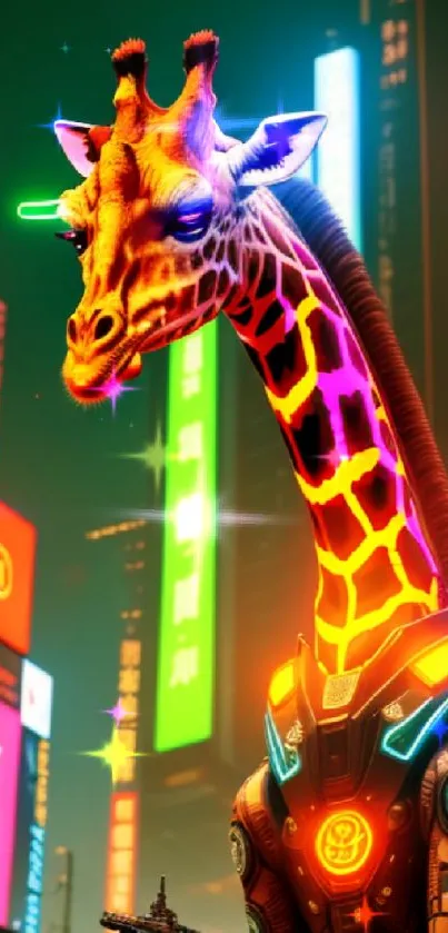 Neon robotic giraffe in cyberpunk cityscape mobile wallpaper.