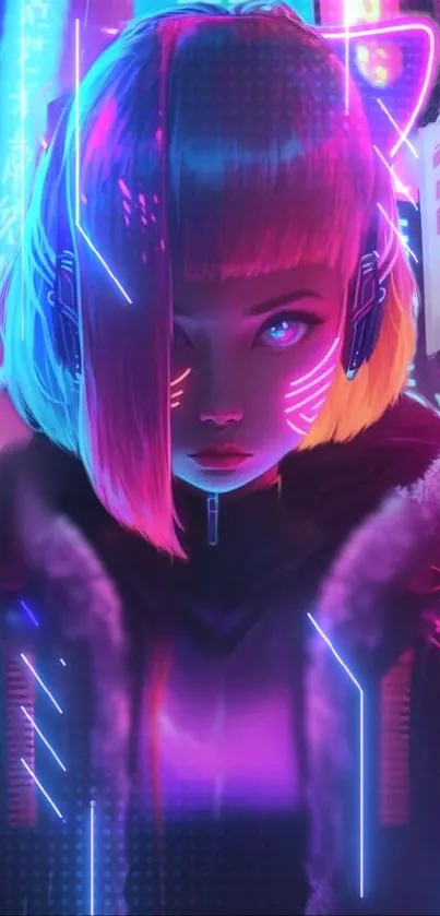 Neon cyberpunk girl in futuristic setting with vibrant colors.