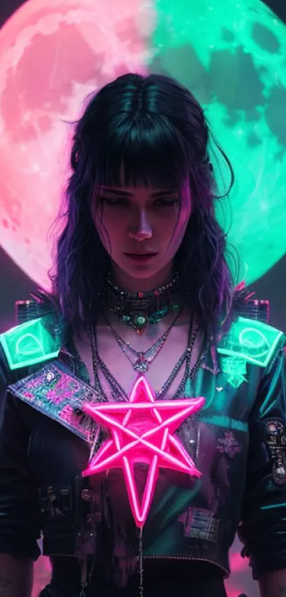 Neon cyberpunk girl with glowing moon backdrop in futuristic style.