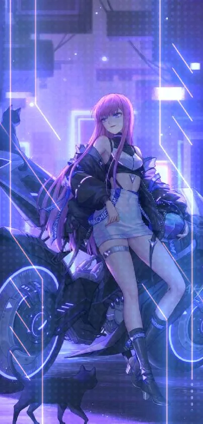 Cyberpunk girl on a neon motorcycle with glowing city lights.