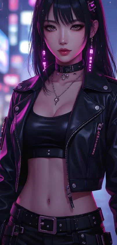 Neon cyberpunk girl in stylish urban outfit.