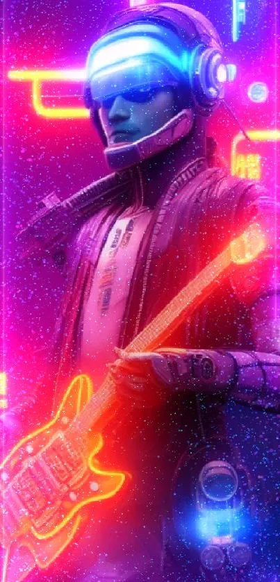 Neon cyberpunk guitarist with vibrant futuristic neon lights.