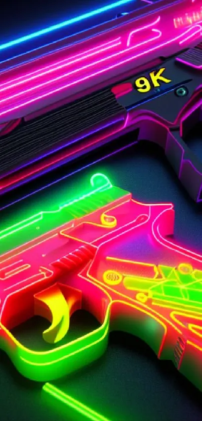 Neon cyberpunk styled guns on a colorful wallpaper background.