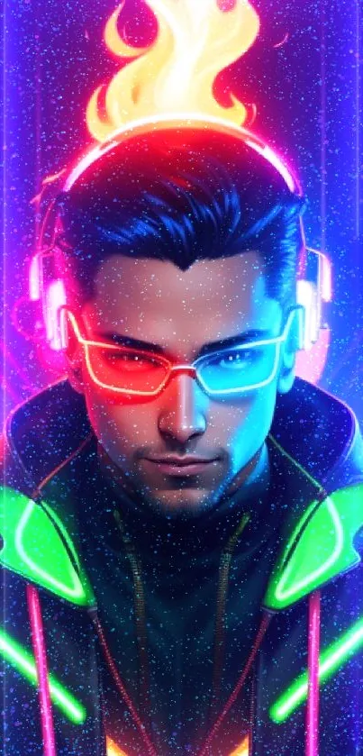 Neon cyberpunk character with glowing headphones and vibrant colors.