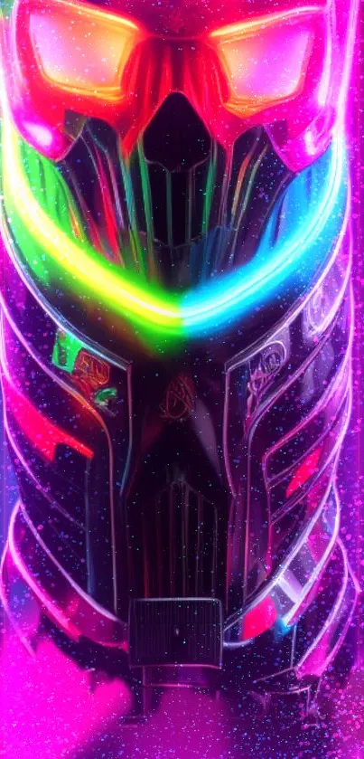 Vibrant neon cyberpunk helmet glowing in vivid colors.