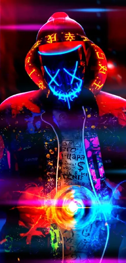 Vibrant neon cyberpunk wallpaper with hooded figure and glowing elements.