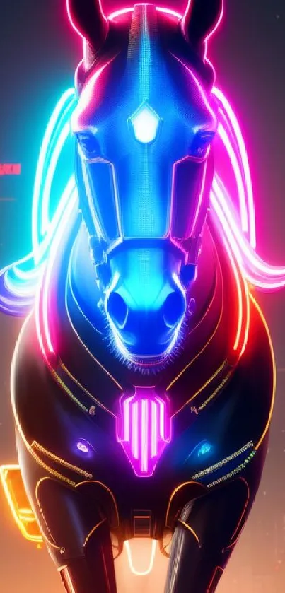 A futuristic neon horse in cyberpunk cityscape.