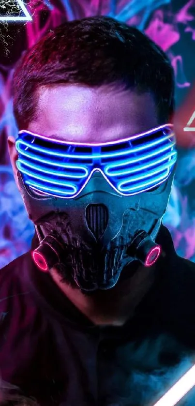 Cyberpunk neon masked figure with vibrant lights.