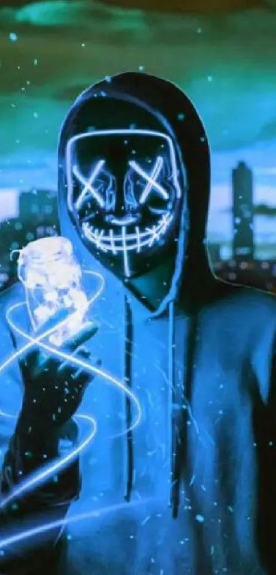 Neon-lit masked figure in a cyberpunk cityscape.