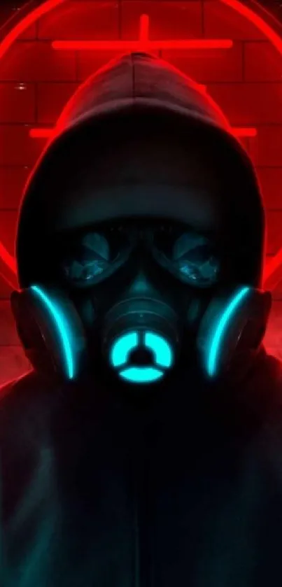 A mysterious figure in a gas mask with red neon lighting.