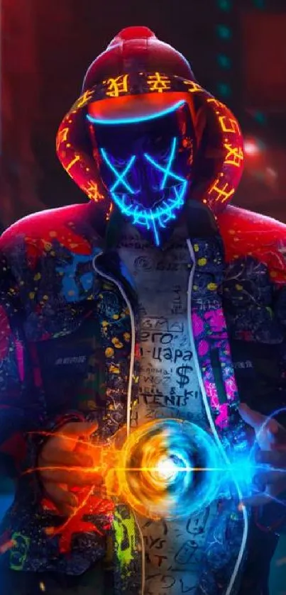 A cyberpunk scene with a neon masked figure in vibrant, glowing colors.