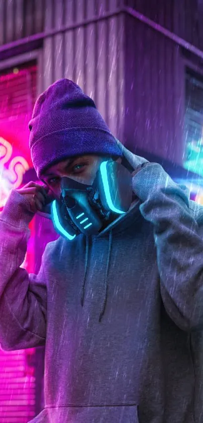 Neon cyberpunk wallpaper featuring a masked figure in vibrant night colors.