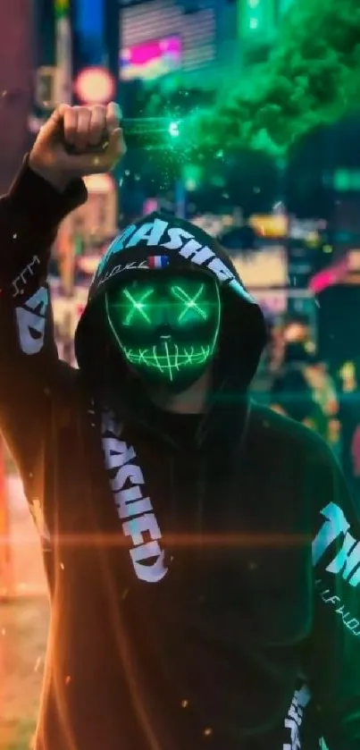 Hooded figure with neon mask in a cyberpunk urban setting.