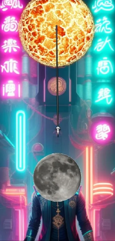 Cyberpunk neon scene with moon and sun, vibrant colors and futuristic elements.