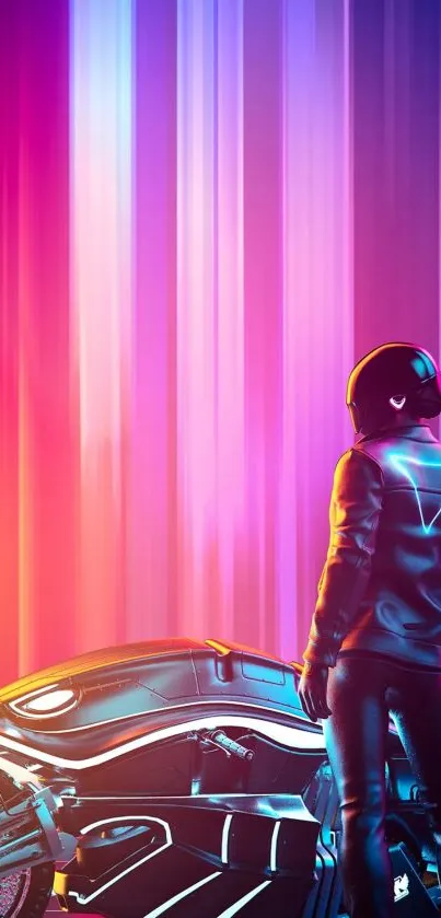 Neon cyberpunk motorcycle with rider in futuristic city setting.