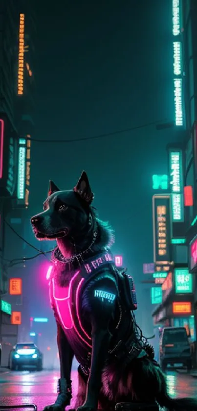 Cyberpunk city street with neon signs and a futuristic dog sitting.