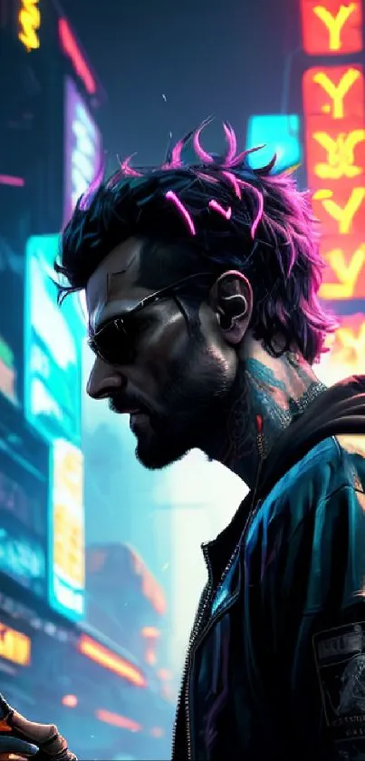 Neon cyberpunk character in futuristic cityscape with vibrant lights.