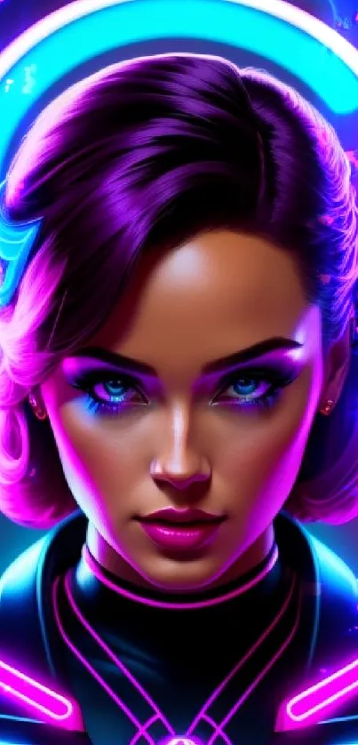 Futuristic neon cyberpunk portrait with vibrant colors.