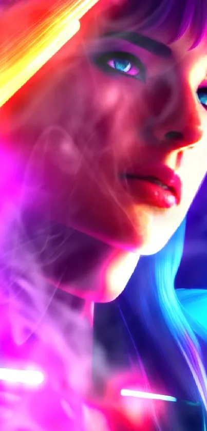 Vibrant neon cyberpunk portrait wallpaper in a futuristic style.