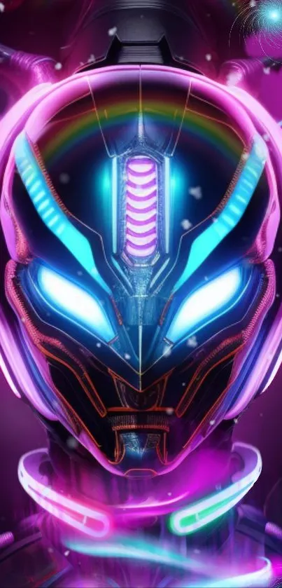 Vibrant neon cyberpunk robot wallpaper, futuristic and colorful art.