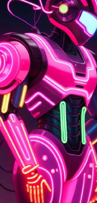 Neon cyberpunk robot with glowing accents on a dark background.
