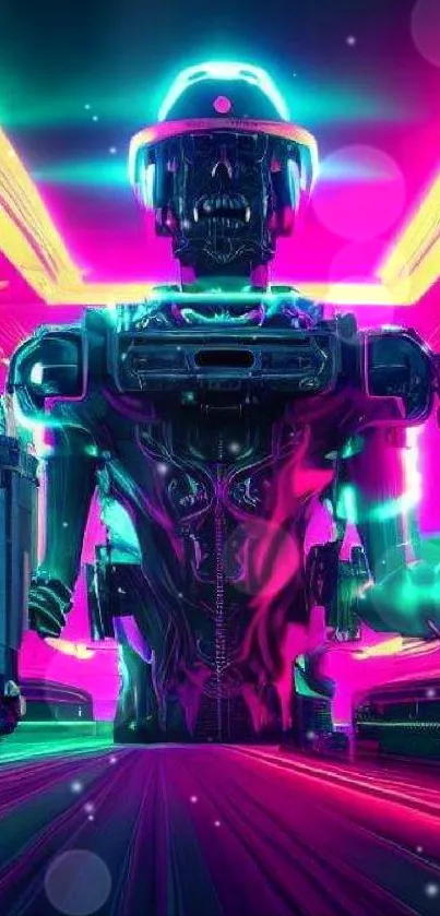 Neon cyberpunk wallpaper with futuristic robot design.