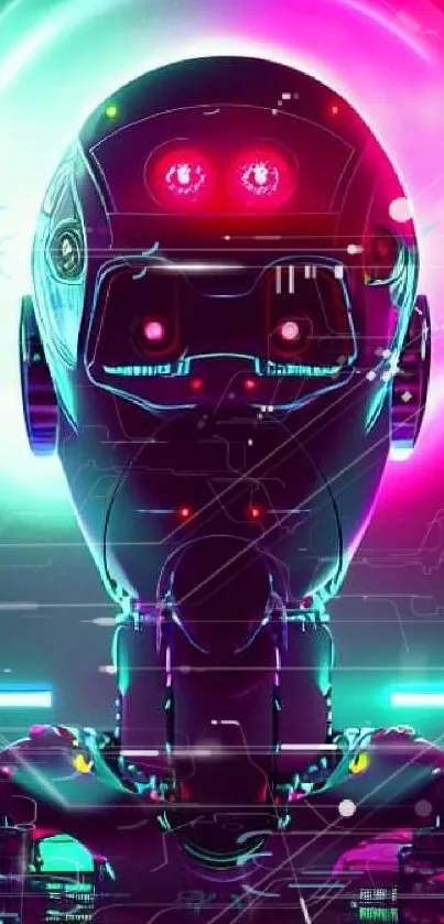 Neon robot head in a cyberpunk style with vibrant pink and teal hues.