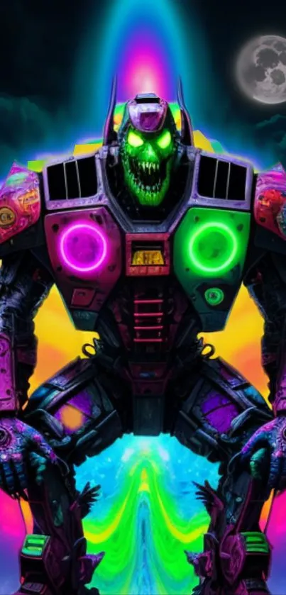 Neon cyberpunk robot with glowing eyes against a colorful backdrop.