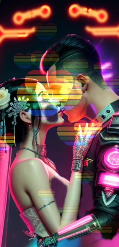 Cyberpunk couple in neon embrace, vibrant colors.