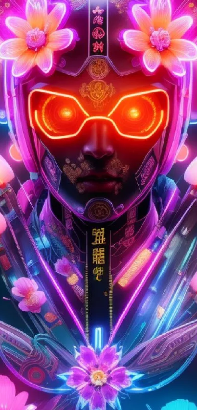 Neon cyberpunk samurai with glowing elements and floral highlights in vibrant colors.